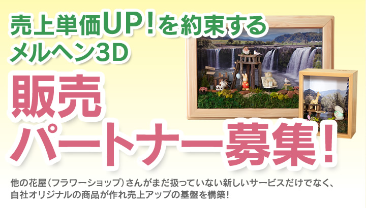 売上単価UP！を約束するメルヘン3D。販売パートナー募集！他の花屋（フラワーショップ）さんがまだ扱っていない新しいサービスだけでなく、自社オリジナルの商品が作れ売上アップの基盤を構築！